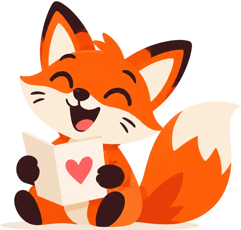Pogo, our happy orange fox, holding a greeting card