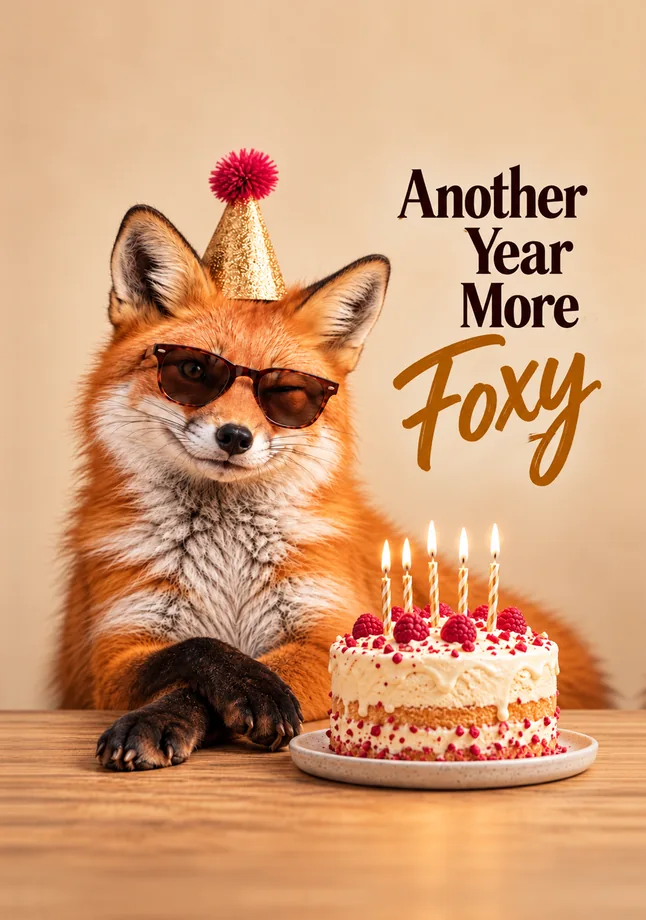 Red fox in sunglasses and a gold party hat beside a birthday cake, with the words Another Year More Foxy.