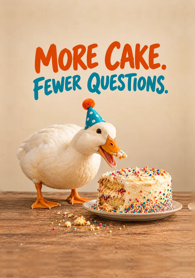 White duck wearing a party hat beside a partly eaten cake, with the words More Cake. Fewer Questions.