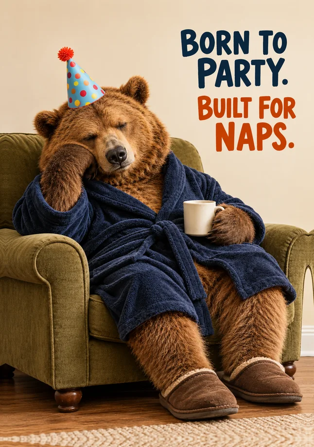 Sleepy brown bear in a navy dressing gown, slippers and party hat, sitting in an armchair beneath Born to Party. Built for Naps.