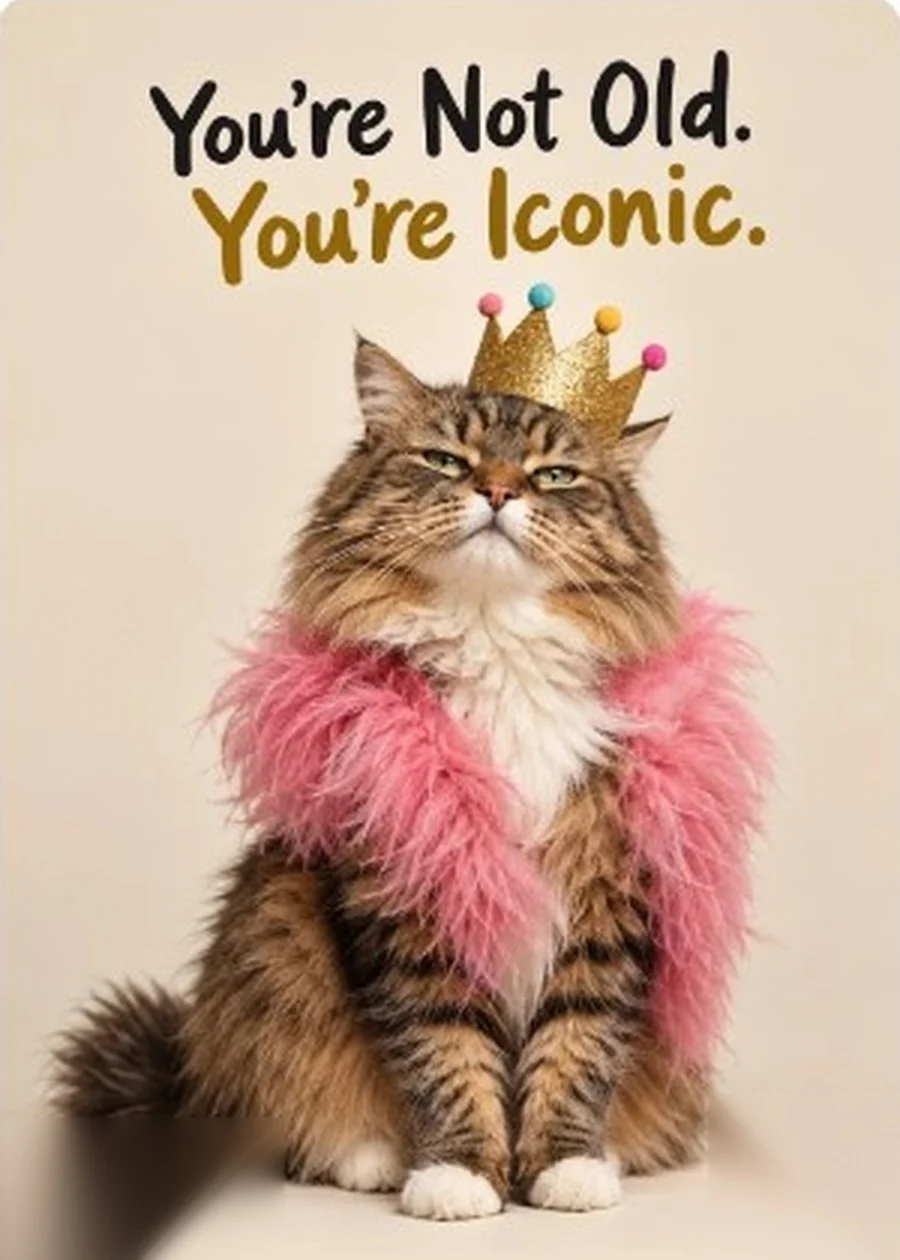 Fluffy tabby cat wearing a gold party crown and bright pink feather boa, with the words You're Not Old. You're Iconic.