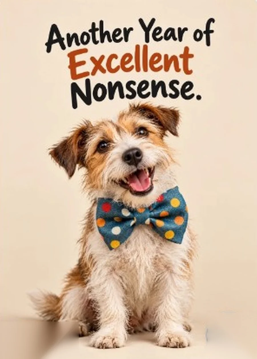 Scruffy white and tan dog wearing a blue polka-dot bow tie with the message Another Year of Excellent Nonsense.