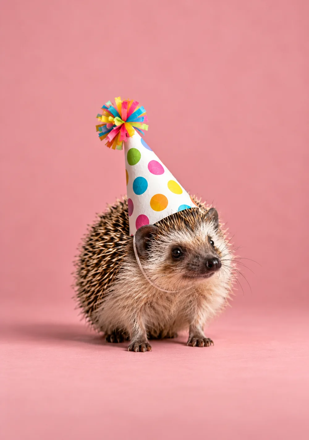 Small hedgehog wearing a white party hat with colourful polka dots and a rainbow pompom against a dusty pink background.